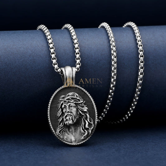Jesus Crown of Thorns Oval Pendant Necklace Amen Artisan