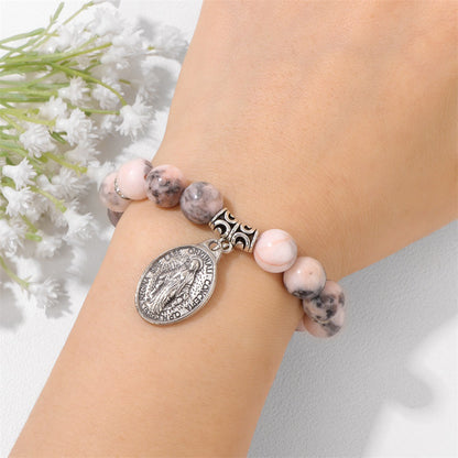 Pink and White Zebra Stone Miraculous Medal Stretch Bracelet
