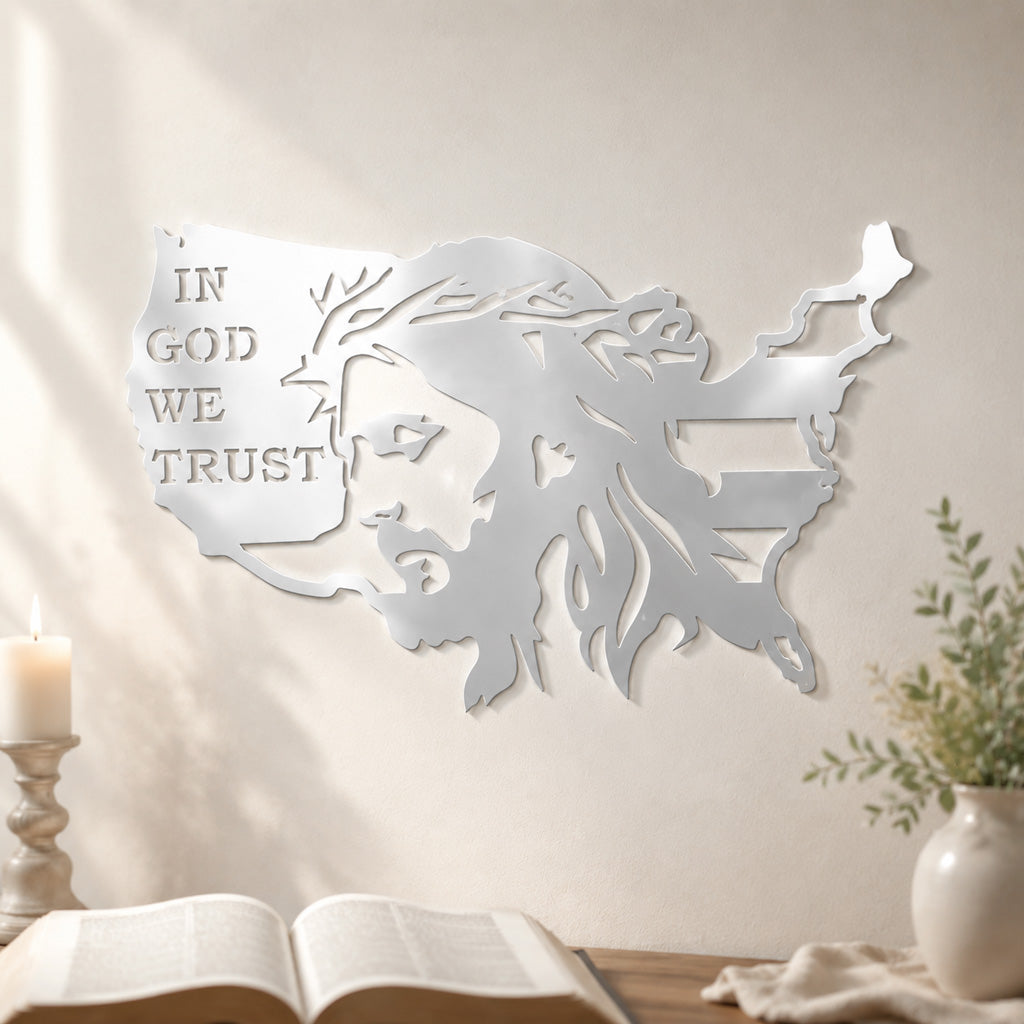 In God We Trust USA Metal Wall Art with Jesus Crown of Thorns — Faith