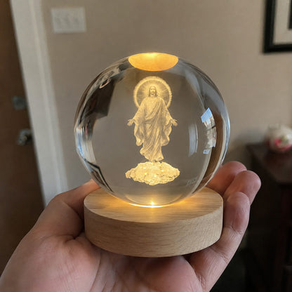 Jesus Christ Crystal Night Light with Warm Wooden Base