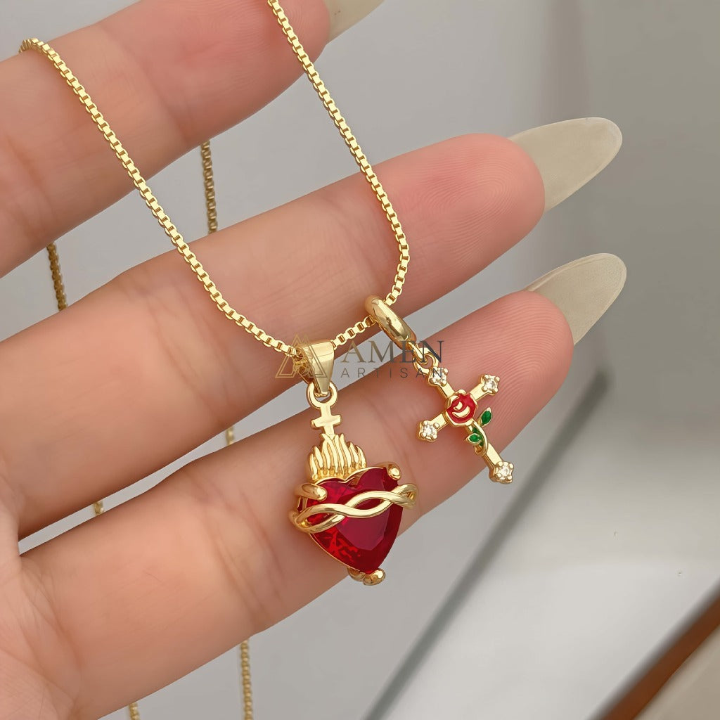Zircon Sacred Heart & Rose Cross Double Pendant Necklace Amen Artisan