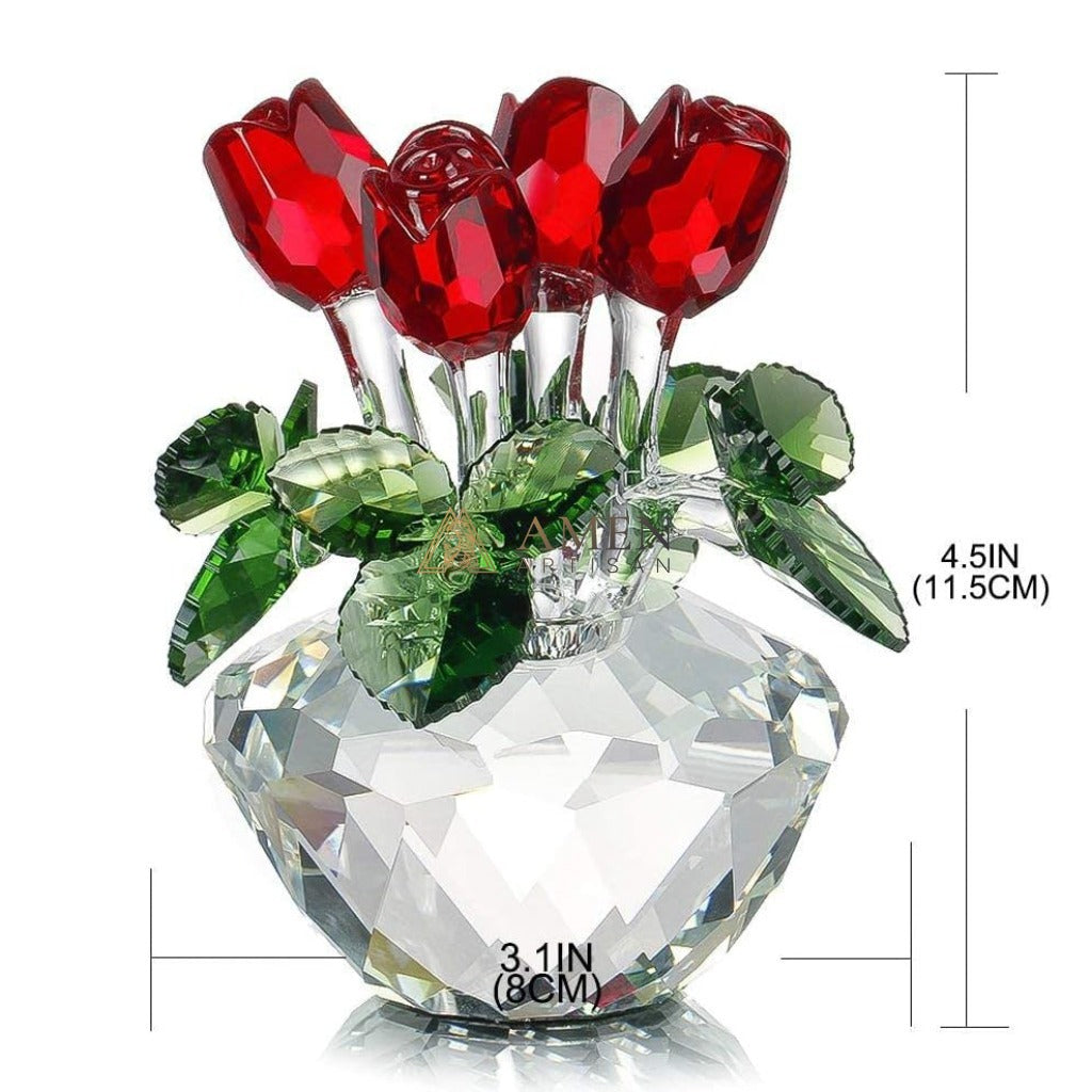 Crystal Red Rose Flower Basket Figurine Amen Artisan