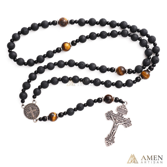 【Deal Today】Natural Lava Stone & Tiger’s Eye Prayer Beads with Vintage-Style Crucifix | Amen Artisan