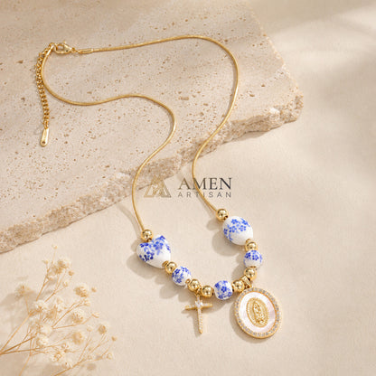 Floral Ceramic and Zircon Virgin Mary Cross Necklace Amen Artisan