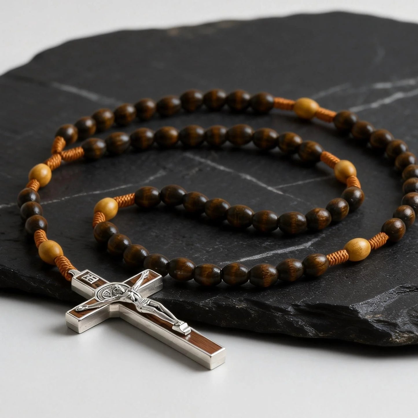 【Deal Today】Woven Cord Wooden Rosary with St. Benedict Medal Cross - Sacred Blessing | Amen Artisan
