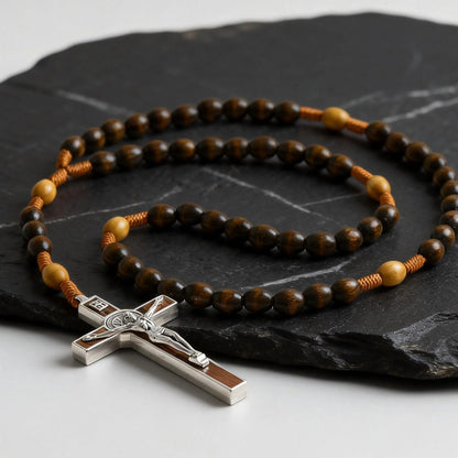 【Deal Today】Woven Cord Wooden Rosary with St. Benedict Medal Cross - Sacred Blessing | Amen Artisan