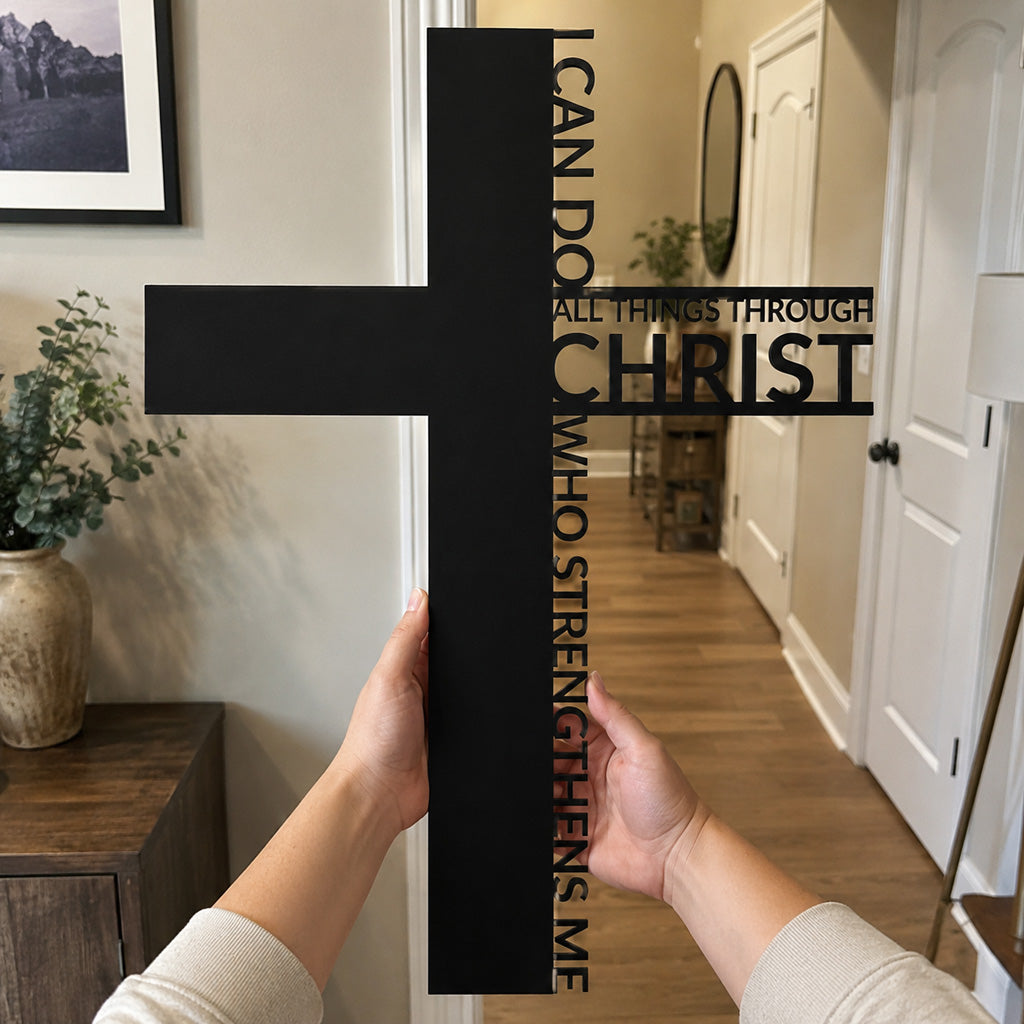 Philippians 4:13 Metal Cross Wall Art with Scripture Design — Strength