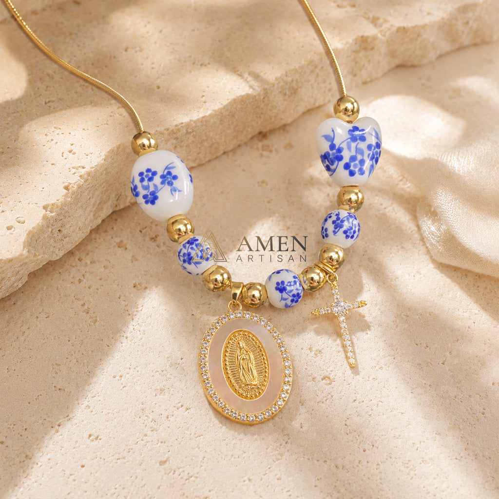 Floral Ceramic and Zircon Virgin Mary Cross Necklace Amen Artisan