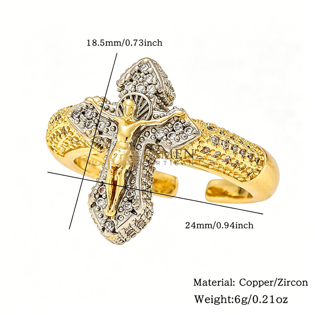 【Deal Today】Cubic Zirconia Crucifix Open Ring in Brass - Faith, Hope & Protection |  Amen Artisan
