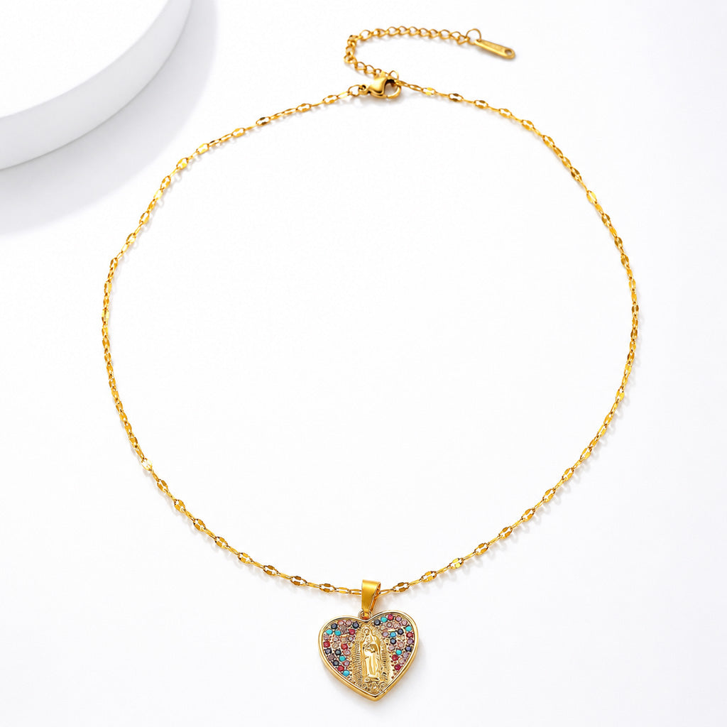 Colorful Crystal Our Lady Heart Necklace