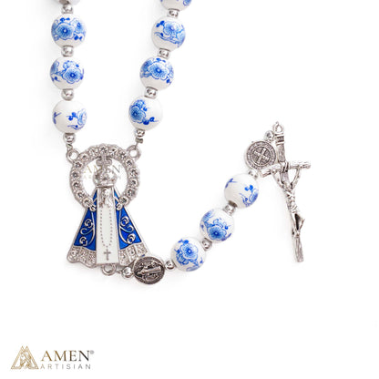 Blue Floral Ceramic Rosary with Marian Pendant and St. Benedict Medals — Grace and Peace | Amen Artisan