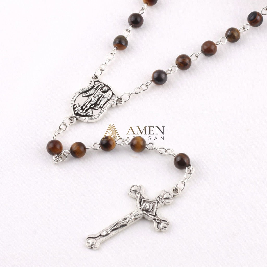 Tiger's Eye Saint Michael Crucifix Rosary  Amen Artisan