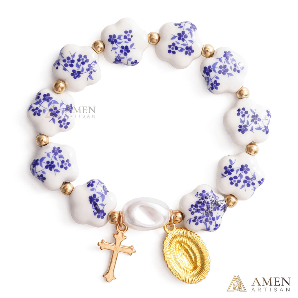 Blue Floral Ceramic Flower Bracelet with Virgin Mary Pendant - Faith & Peace | Amen Artisan