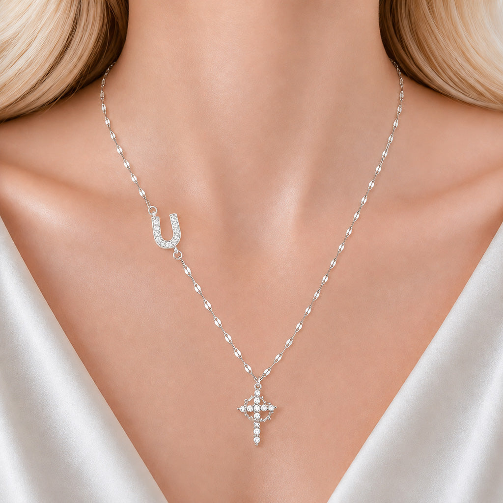 Sparkling Zircon Cross Necklace with A-Z Initial Charm