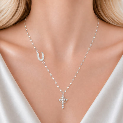 Sparkling Zircon Cross Necklace with A-Z Initial Charm