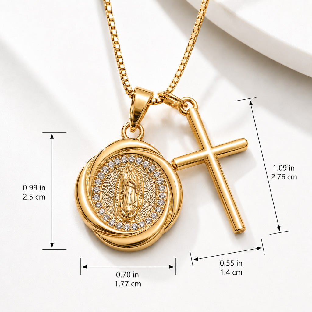 Our Lady Double Pendant Necklace with Cross Charm