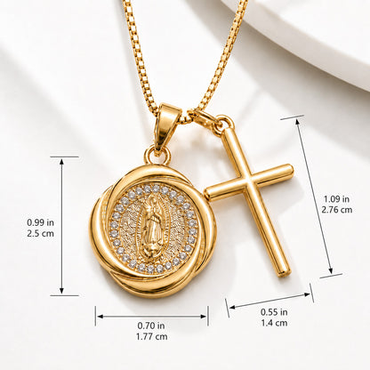 Our Lady Double Pendant Necklace with Cross Charm