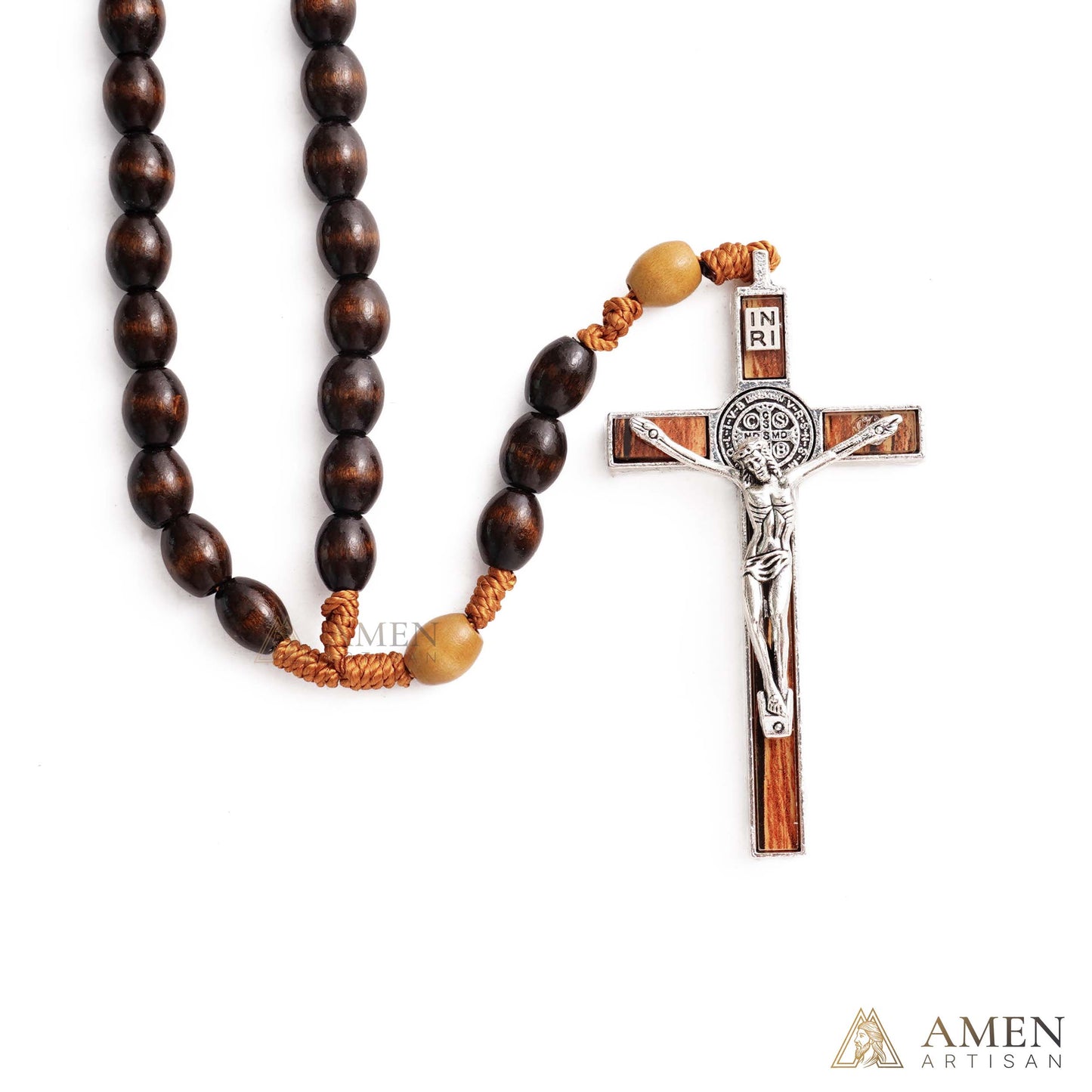Woven Cord Wooden Rosary with St. Benedict Medal Cross - Sacred Blessing | Amen Artisan