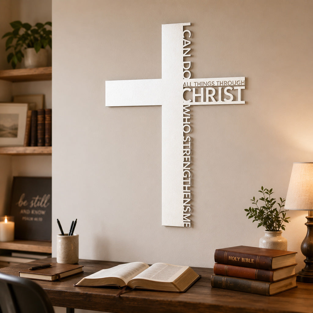 Philippians 4:13 Metal Cross Wall Art with Scripture Design — Strength