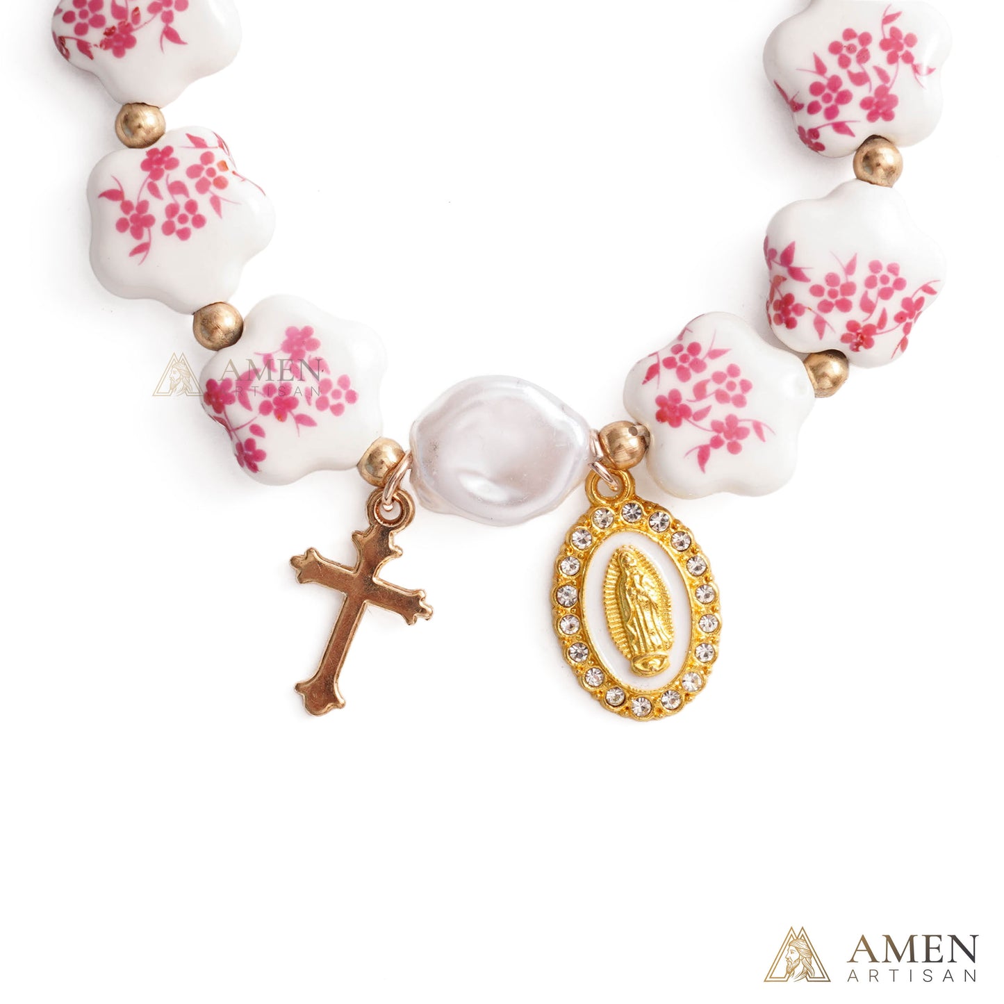 Blue Floral Ceramic Flower Bracelet with Virgin Mary Pendant - Faith & Peace | Amen Artisan
