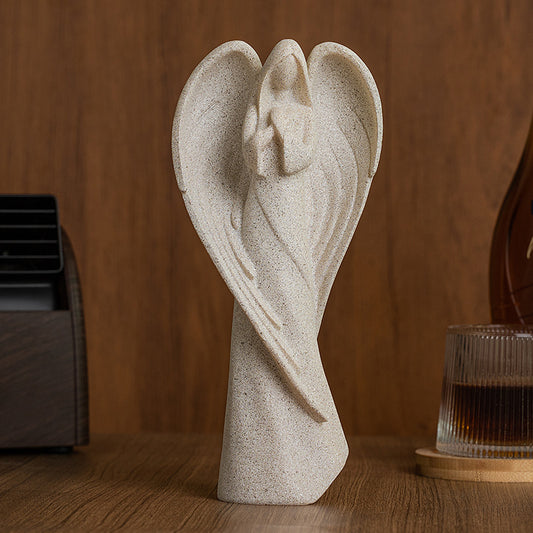 Praying Sandstone Angel Figurine Silent Spiritual Guardian, Natural Desk Accent Amen Artisan