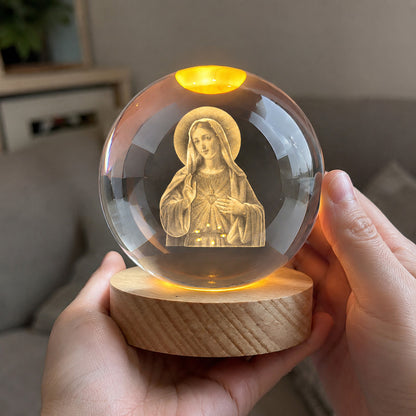 Virgin Mary Crystal Ball Night Light with Warm Wooden Base