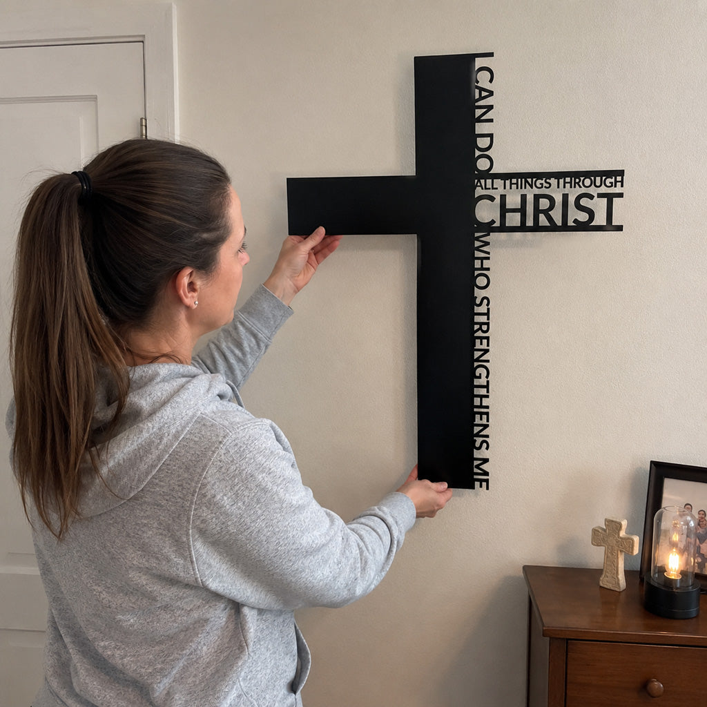 Philippians 4:13 Metal Cross Wall Art with Scripture Design — Strength