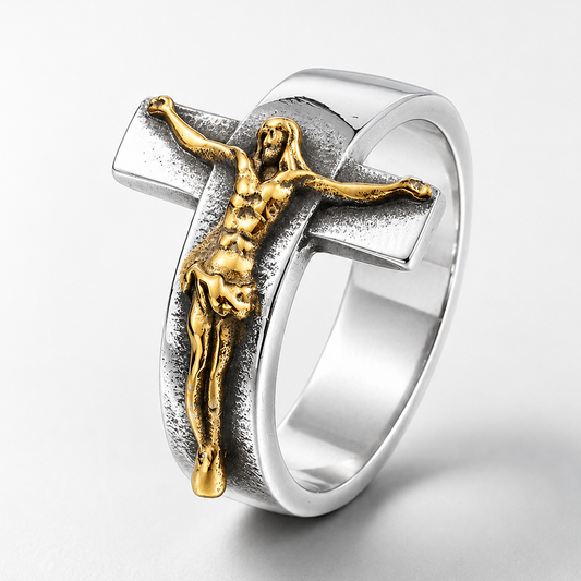 Vintage Cross Jesus Crucifix Titanium Steel Ring Amen Artisan