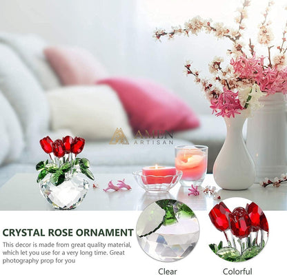 Crystal Red Rose Flower Basket Figurine Amen Artisan
