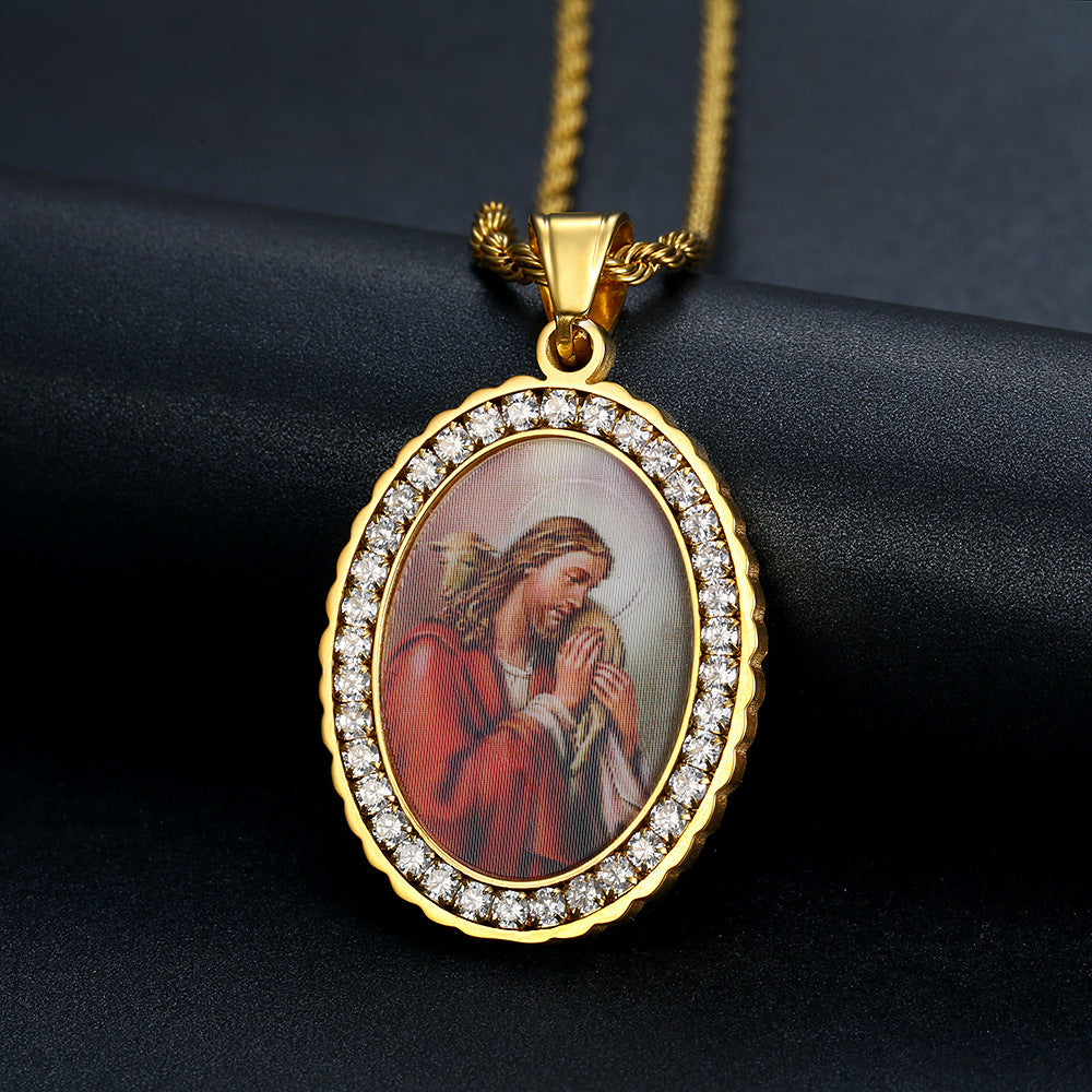 Holy Mother Photo Memorial Titanium Steel Zircon Necklace Amen Artisan
