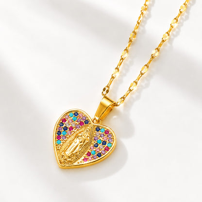 Colorful Crystal Our Lady Heart Necklace