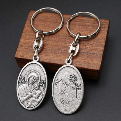 Our Lady of Perpetual Help Keychain—Zinc alloy. Vintage grey Amen Artisan