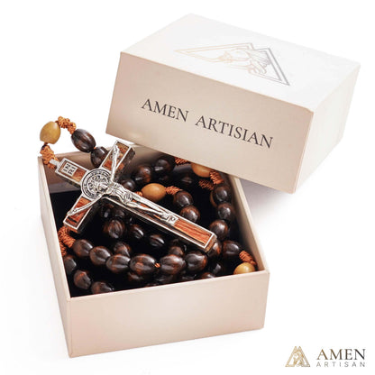 【Deal Today】Woven Cord Wooden Rosary with St. Benedict Medal Cross - Sacred Blessing | Amen Artisan