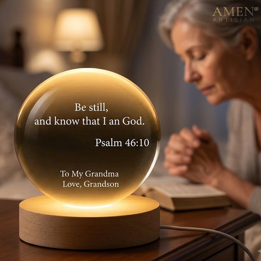 Personalized Scripture Crystal Ball Night Light - "Be Still, and Know That I Am God" Psalm 46:10 Amen Artisan