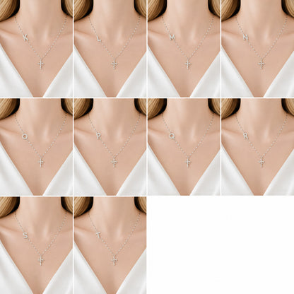 Sparkling Zircon Cross Necklace with A-Z Initial Charm