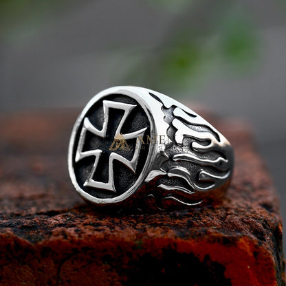 Cross & Flame Pattern Ring Amen Artisan