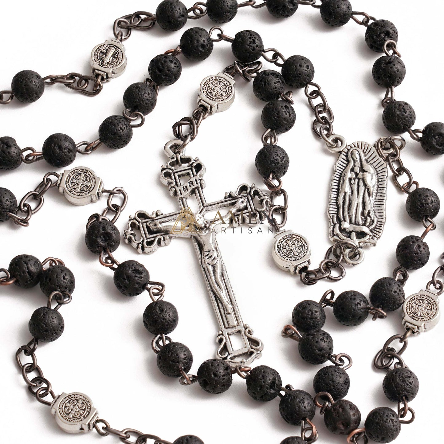 Lava Stone Our Lady of Guadalupe Medal Rosary Amen Artisan