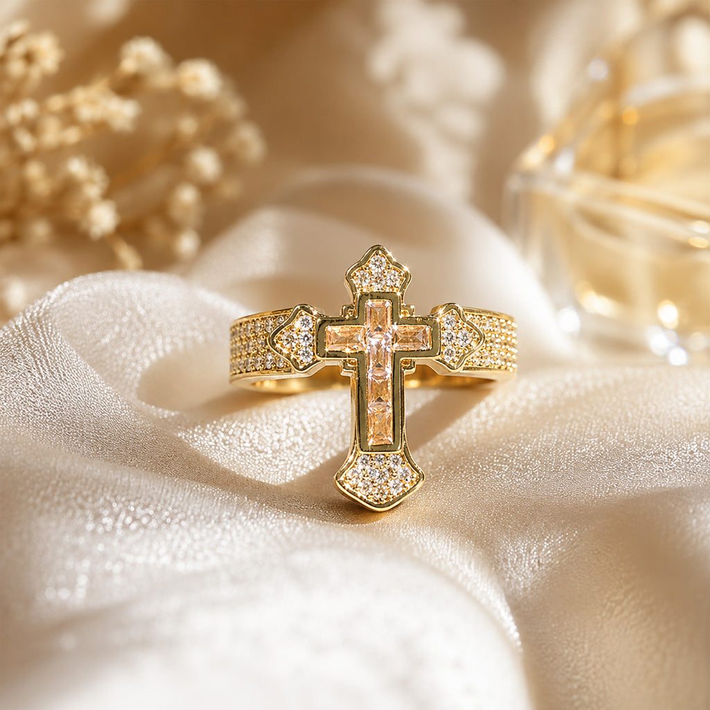 Sparkling Cross Statement Ring with Rhinestone Accents