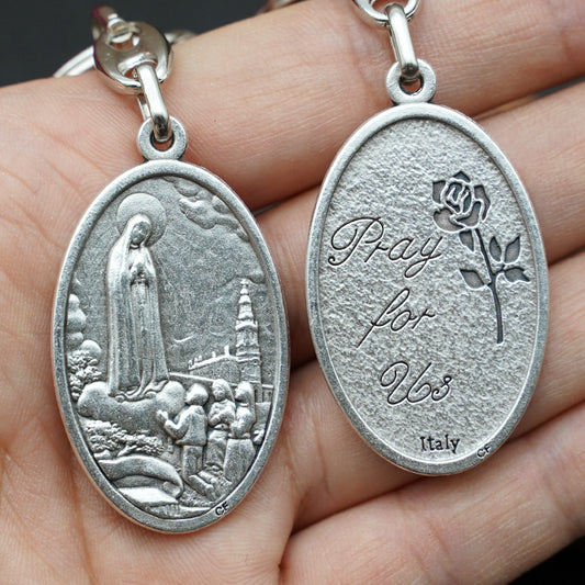 Our Lady of Fátima Keychain—Zinc alloy. Vintage grey Amen Artisan