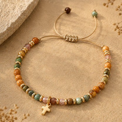 Boho Natural Stone Cross Bracelet with Adjustable Cord — Faith