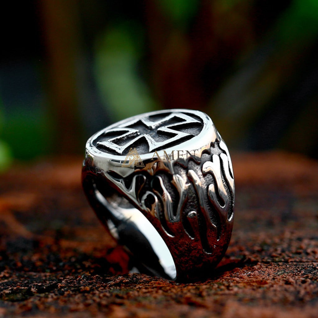 Cross & Flame Pattern Ring Amen Artisan