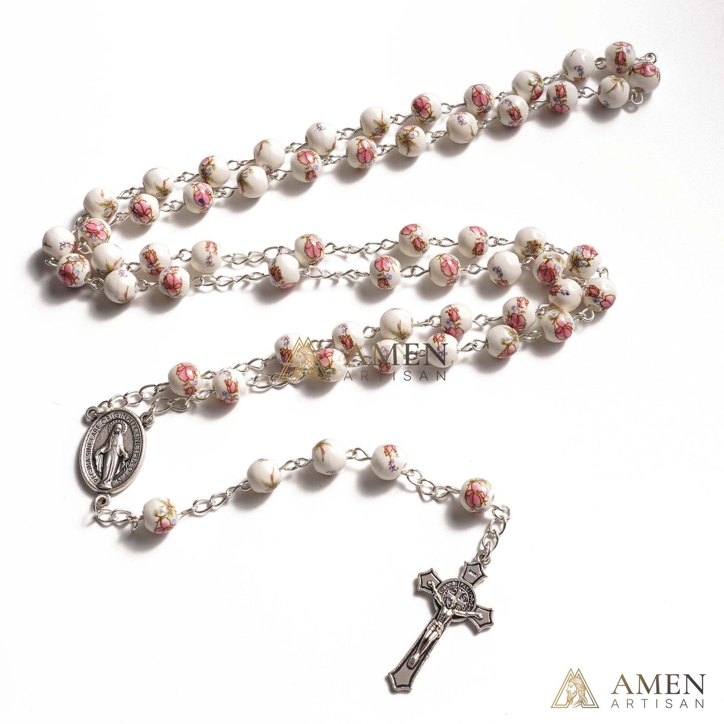 Pink Peony Ceramic Rosary Amen Artisan