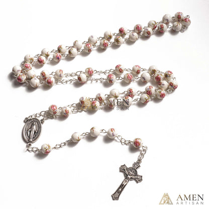 Pink Peony Ceramic Rosary Amen Artisan