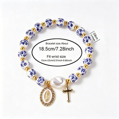 【Deal Today】Blue and White Pottery Beads & Baroque Pearl Elastic Cord Cross Bracelet