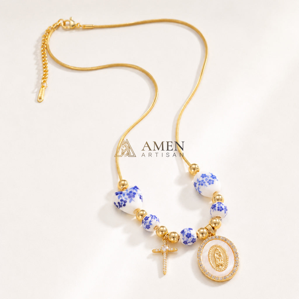 Floral Ceramic and Zircon Virgin Mary Cross Necklace Amen Artisan