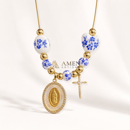 Floral Ceramic and Zircon Virgin Mary Cross Necklace Amen Artisan