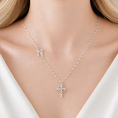 Sparkling Zircon Cross Necklace with A-Z Initial Charm
