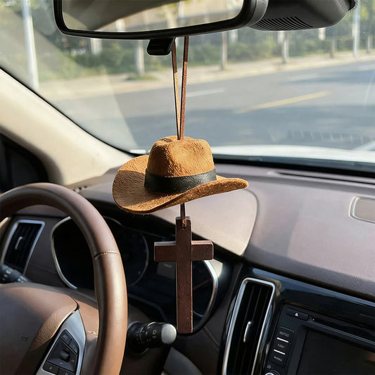 【Deal Today】Western Rearview Mirror Ornament with Cowboy Hat and Cross — Faith | Amen Artisan