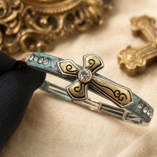 Vintage Cross Stretch Bracelet with Rhinestone Accents
