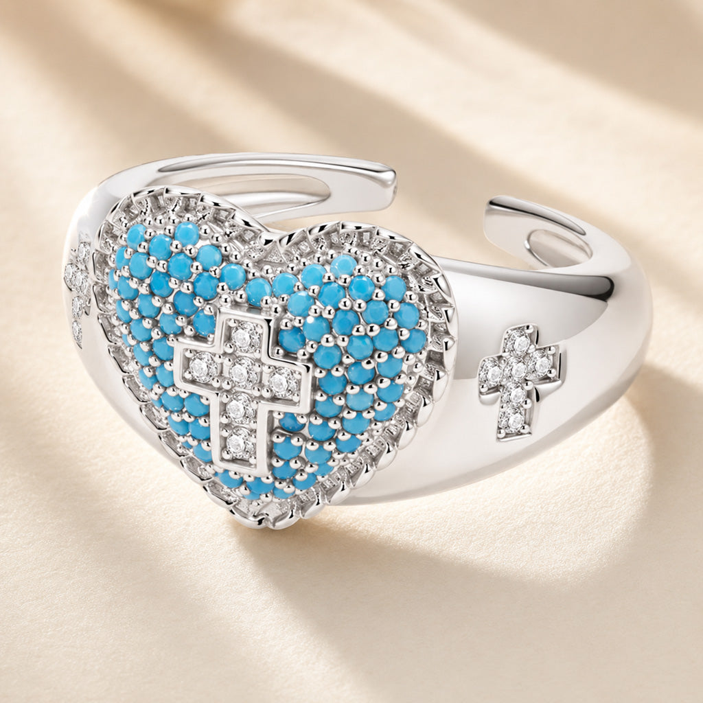Blue Heart Cross Open Ring with Rhinestone Accents